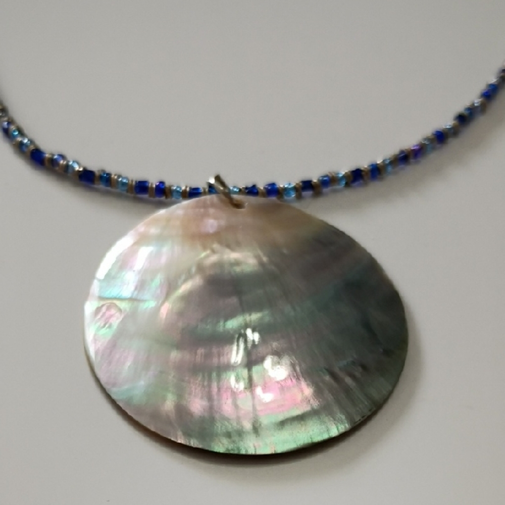 Necklace 20" Spring Easter Beachy Prom  Mother Of Pearl Beaded Blue Statement